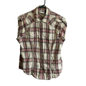 Harley Davidson Shirt Women's Small Pink Pearl Snap Plaid Logo Lace Biker